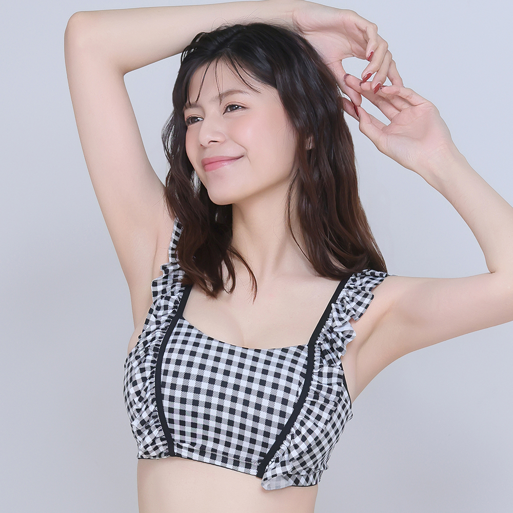 글래머 슬림핏 깅엄체크 프릴 노와이어 브라